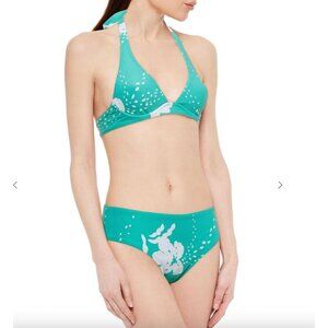 MAISON LEJABY 32C Tropical Printed Stretch Pique Halterneck Bikini Top Turquoise
